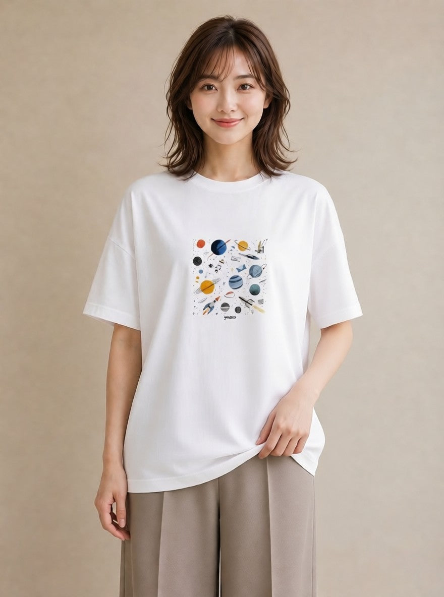 プリントTシャツ レディース 惑星 星空 宇宙 イラスト シンプル 誕生日プレゼント 綿100 白T YMAZO