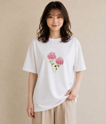 半袖Tシャツ レディース あじさい 紫陽花 アジサイ 花 花柄 イラスト アート風 ルームウェア ギフト 白T YMAZO