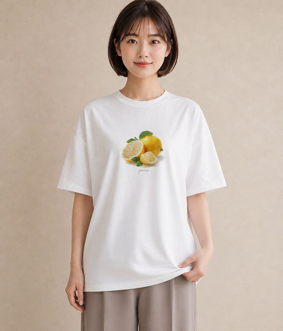 Tシャツ レディース レモン 檸檬 食べ物 フード イラスト 個性的 春服 ミセス 白T YMAZO