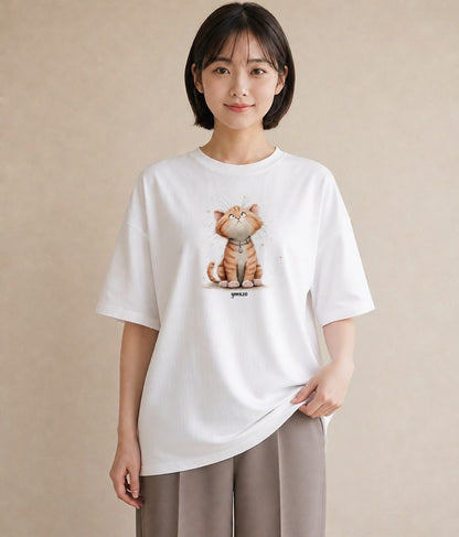 プリントTシャツ レディース おすわり猫 猫 ねこ イラスト ラフ 普段着 週末コーデ 白T YMAZO