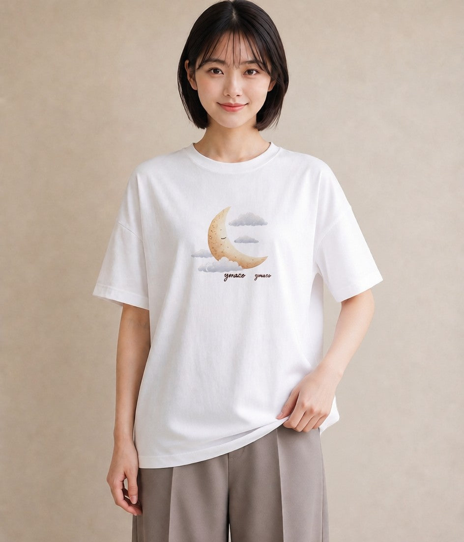 半袖Tシャツ レディース 三日月 星空 宇宙 イラスト モード ビーチ デイリーウェア 白T YMAZO