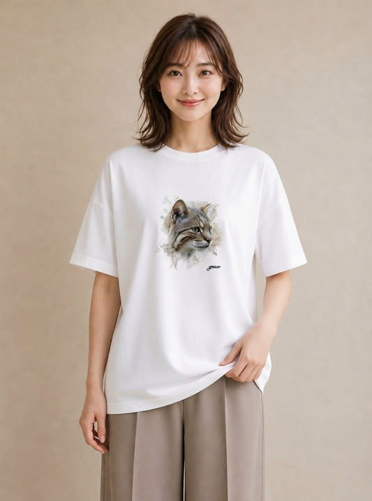 プリントTシャツ レディース キジトラ 猫 ねこ イラスト 個性的 ラフ レイヤード 白T YMAZO