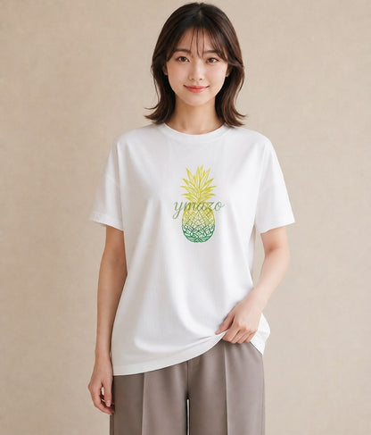 Tシャツ レディース パイナップル 食べ物 フード イラスト シック 送別ギフト 通勤 白T YMAZO