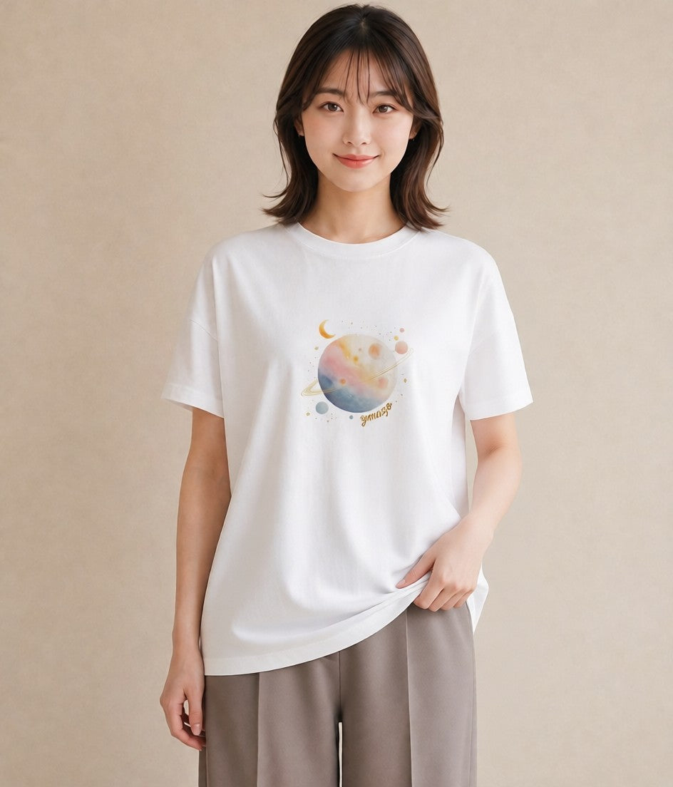 Tシャツ レディース 地球 星空 宇宙 イラスト 買い物 夏コーデ 白T YMAZO