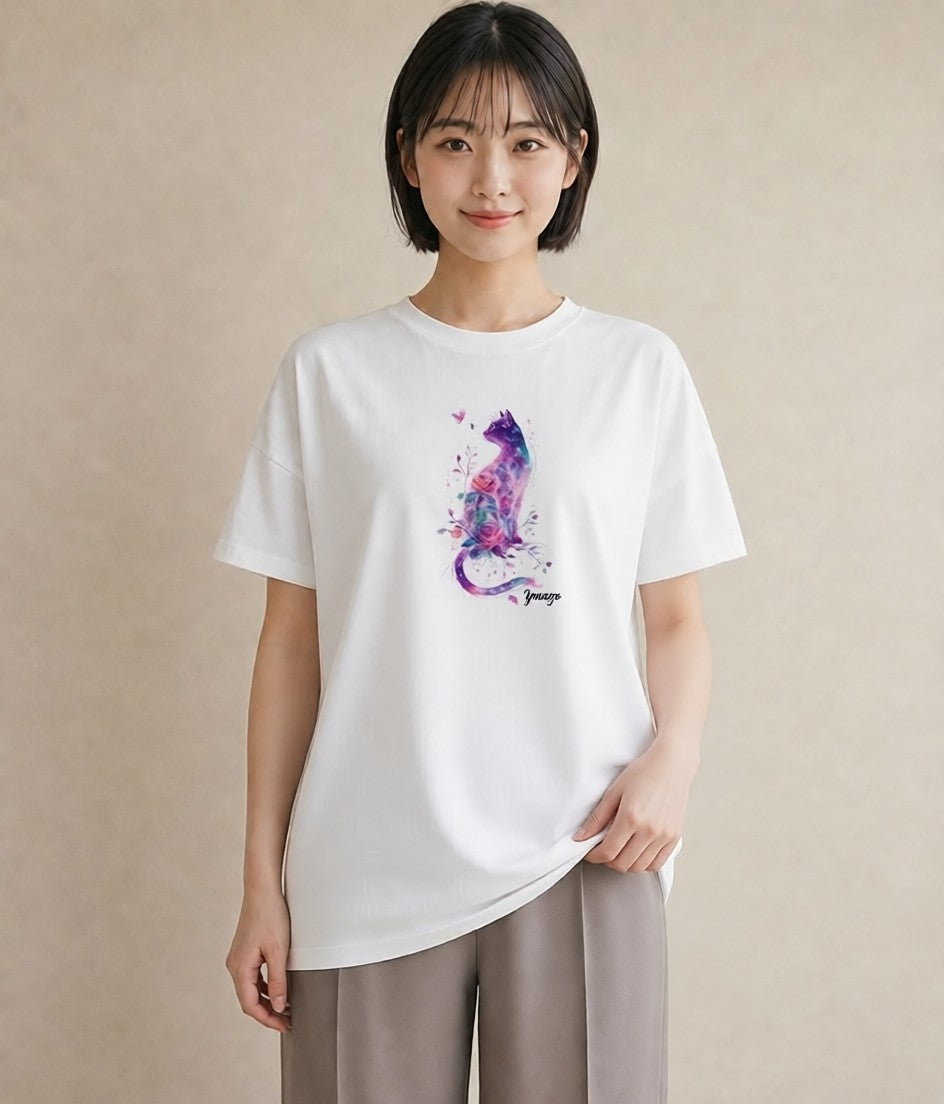 プリントTシャツ レディース しっぽ 猫 ねこ イラスト 個性的 デート 帰省 白T YMAZO