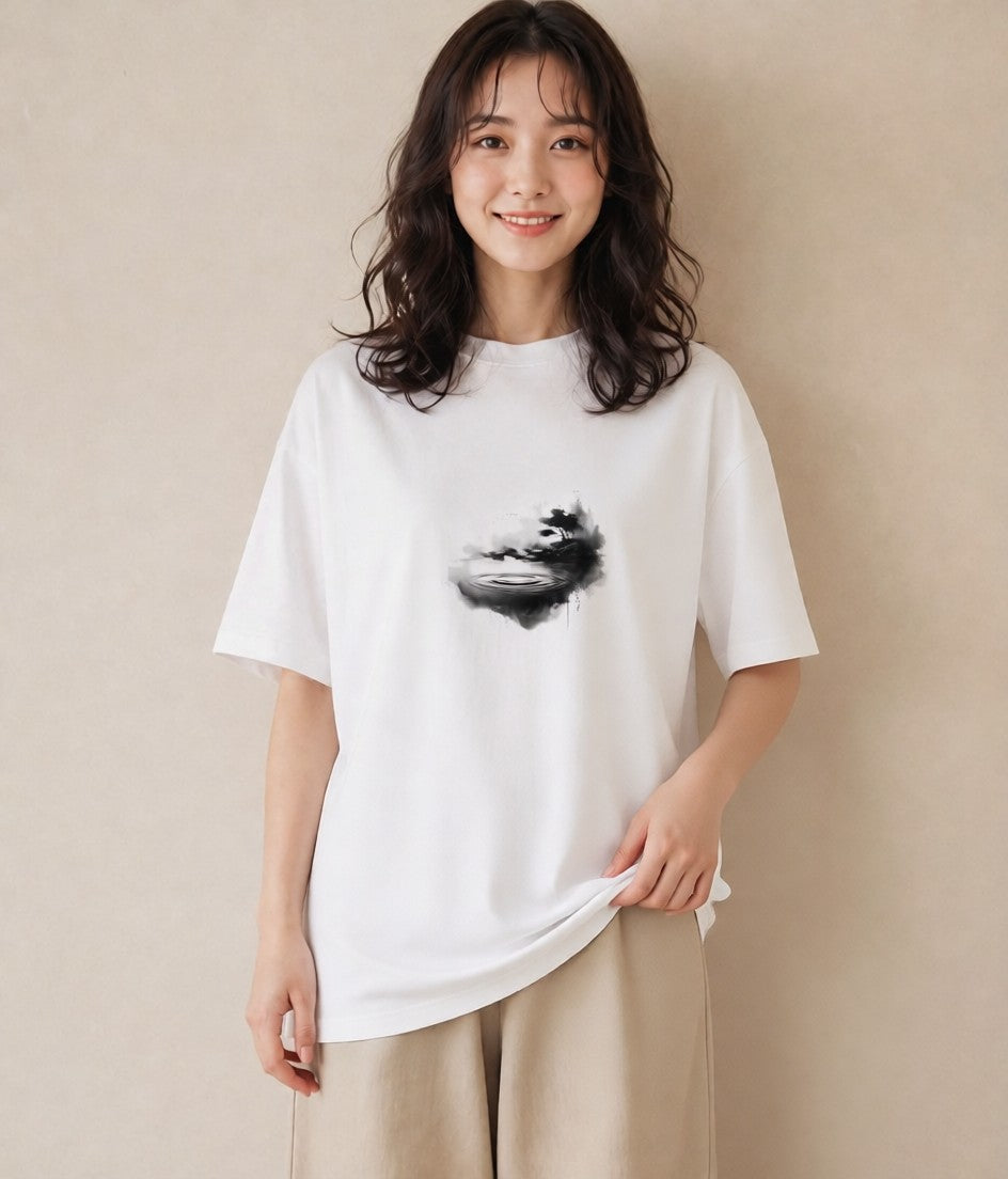 デザインTシャツ レディース 青の水彩 風景 ブルー ナチュラル アンティーク イラスト 海 カフェ巡り 白T YMAZO