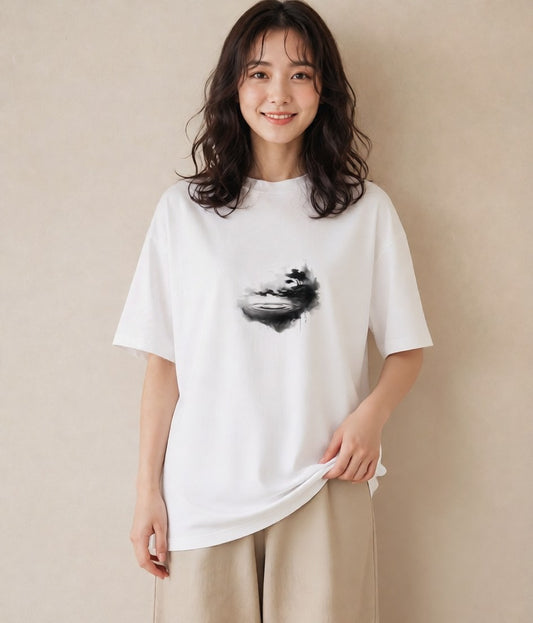 デザインTシャツ レディース 青の水彩 風景 ブルー ナチュラル アンティーク イラスト 海 カフェ巡り 白T