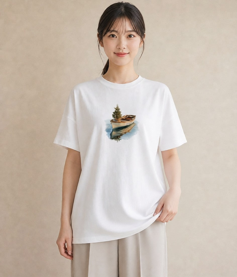 デザインTシャツ レディース 桟橋 水辺 波止場 ナチュラル アンティーク イラスト お洒落 春服 ミセス 白T YMAZO