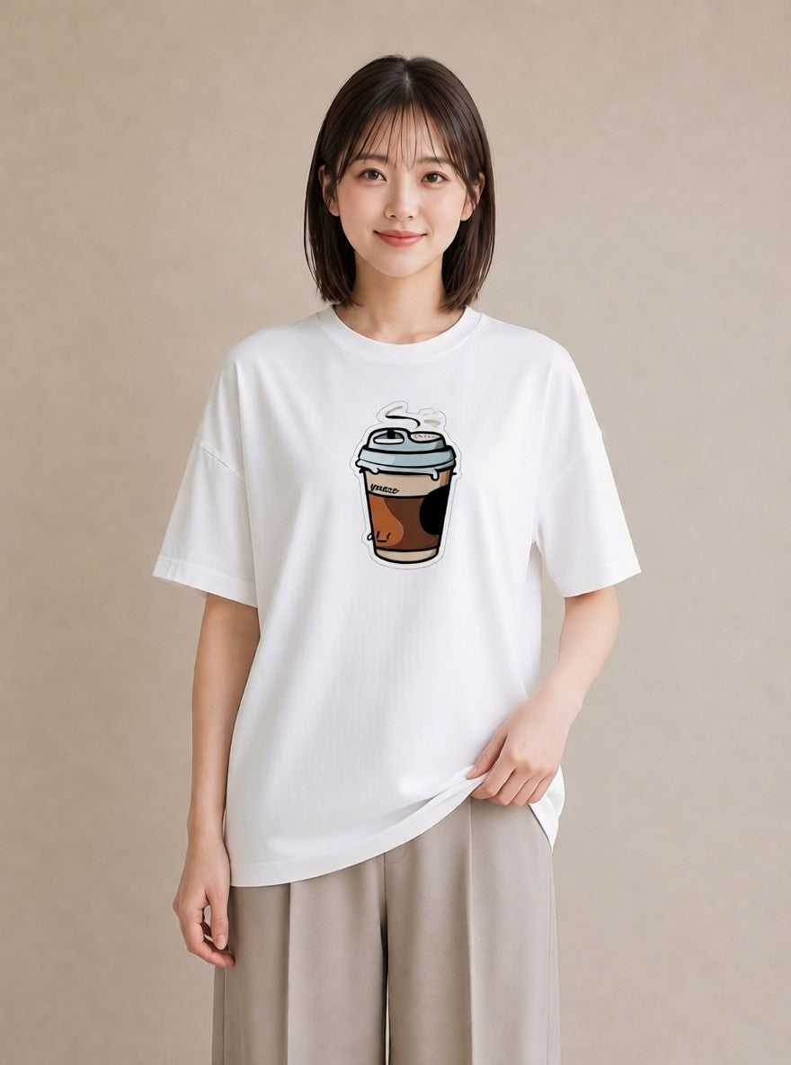 Tシャツ レディース コーヒー 珈琲 カフェ 食べ物 フード イラスト 抜け感 デイリーウェア 休日 白T YMAZO