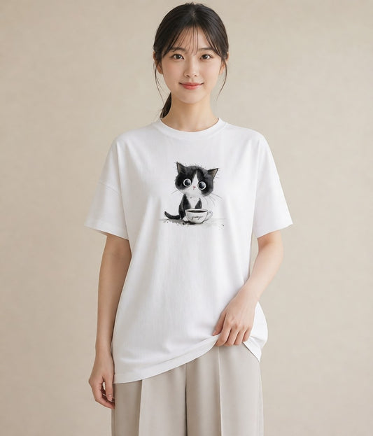 半袖Tシャツ レディース ハチワレ 白黒猫 猫 ねこ イラスト 抜け感 週末コーデ 敬老の日 白T YMAZO
