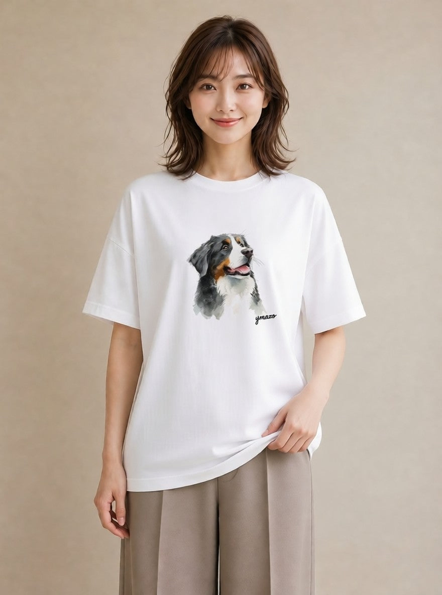 半袖Tシャツ レディース バーニーズマウンテンドッグ 犬 いぬ イラスト ユニーク 買い物 夏コーデ 白T YMAZO