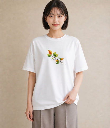 グラフィックTシャツ レディース 落ち葉 植物 ボタニカル イラスト シック 20代 カジュアルコーデ 白T YMAZO