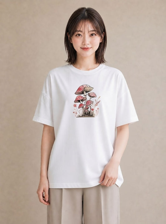 Tシャツ レディース きのこ 植物 ボタニカル イラスト 線画 自分用 ルームウェア 白T YMAZO