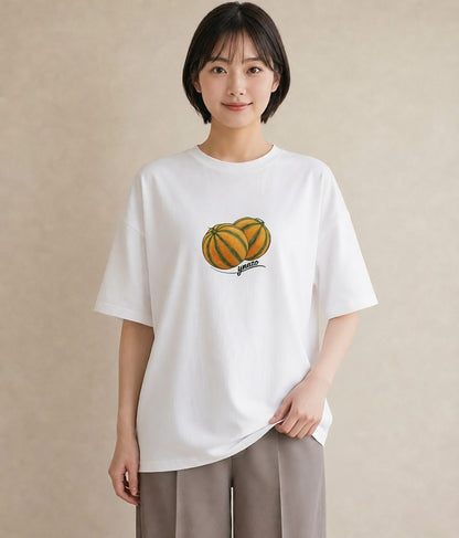 グラフィックTシャツ レディース メロン 食べ物 フード イラスト きれいめカジュアル カフェ巡り 女子会 白T YMAZO