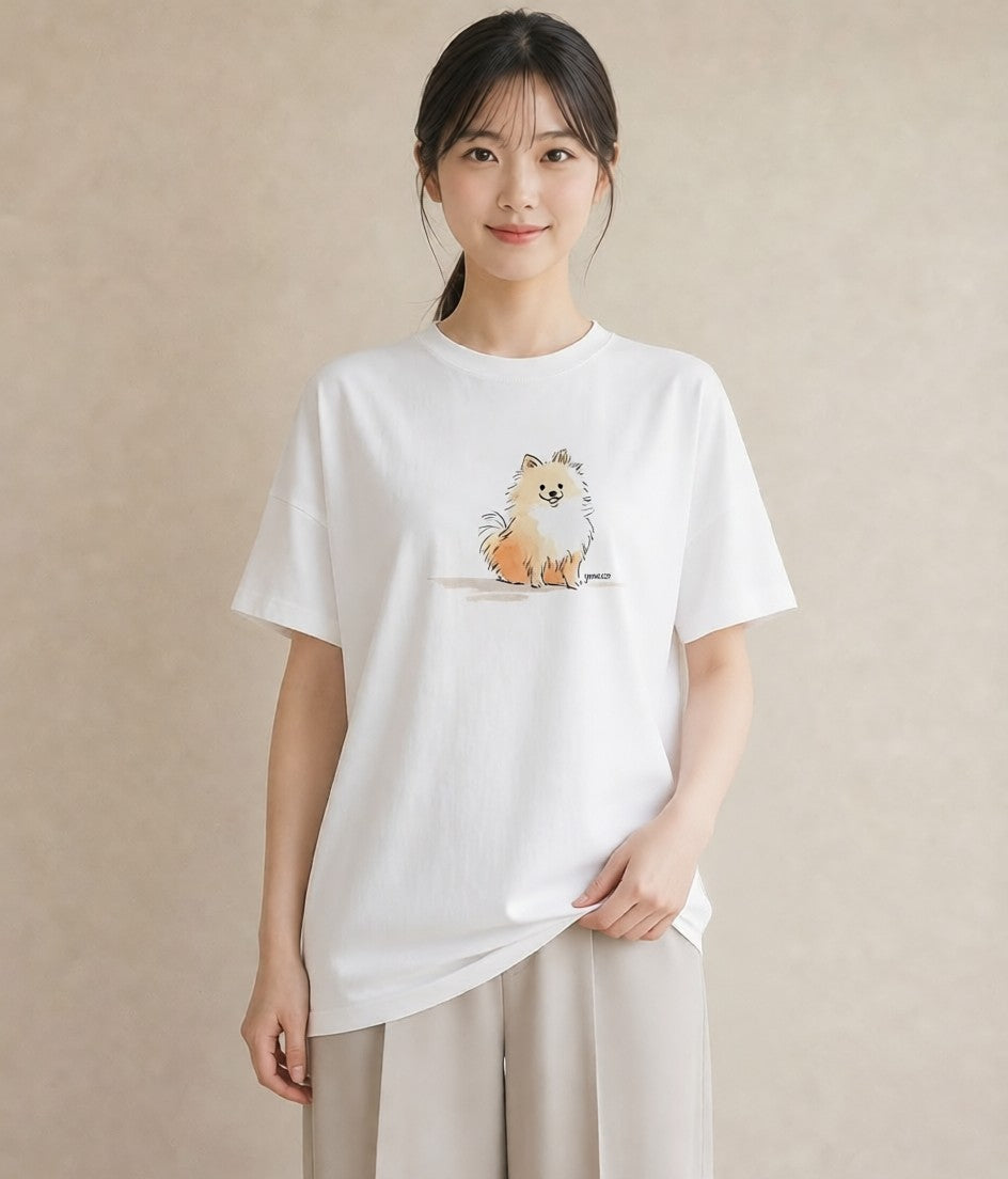 グラフィックTシャツ レディース ポメラニアン ポメ 犬 いぬ イラスト 水彩風 母の日 ビーチ 白T YMAZO