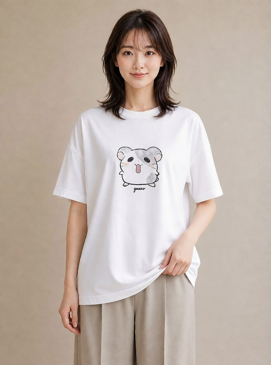 デザインTシャツ レディース チンチラ ペット 動物 イラスト 線画 レイヤード 友達ギフト 白T YMAZO