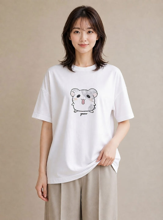 デザインTシャツ レディース チンチラ ペット 動物 イラスト 線画 レイヤード 友達ギフト 白T YMAZO