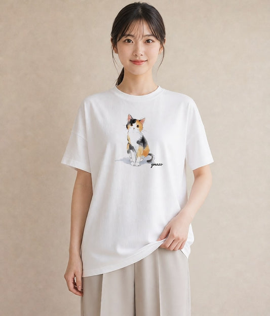 半袖Tシャツ レディース 白猫 猫 ねこ イラスト ミニマル 20代 カジュアルコーデ 白T YMAZO