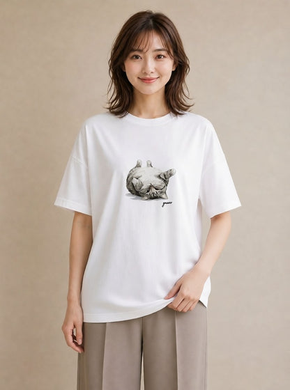 プリントTシャツ レディース ぶち猫 猫 ねこ イラスト ラフカジュアル 週末コーデ 敬老の日 白T YMAZO