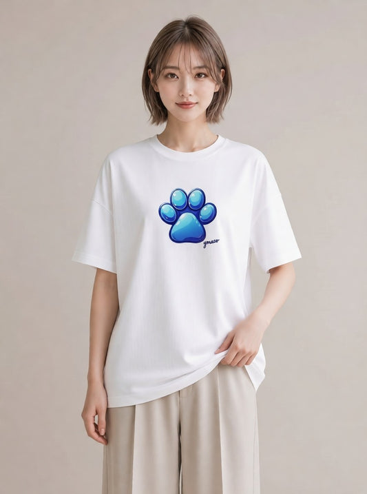 半袖Tシャツ レディース 肉球 猫 ねこ イラスト シック ママ カフェ服 白T YMAZO