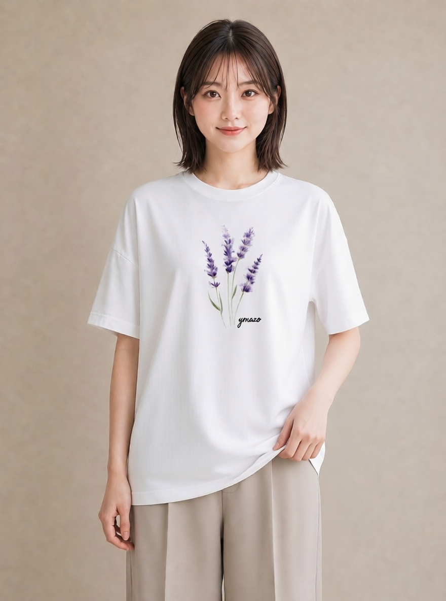 半袖Tシャツ レディース ラベンダー 花 花柄 イラスト カジュアル 旅行 母娘コーデ 白T