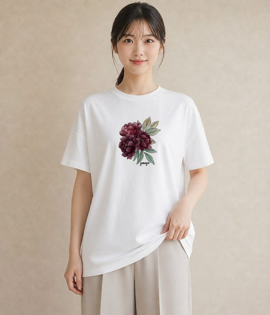 半袖Tシャツ レディース 牡丹 花 花柄 イラスト モード ラフ レイヤード 白T YMAZO
