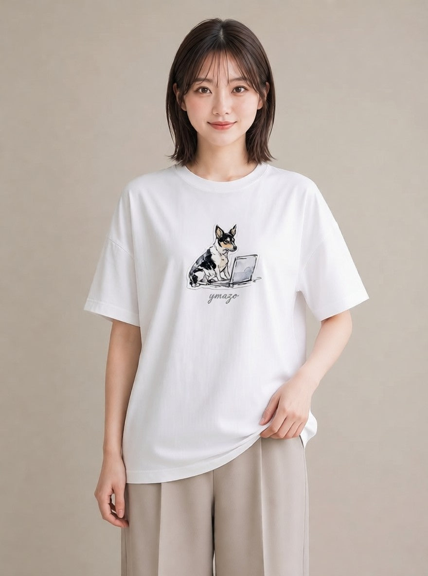 デザインTシャツ レディース 犬 いぬ イラスト シック 送別ギフト 通勤 白T YMAZO