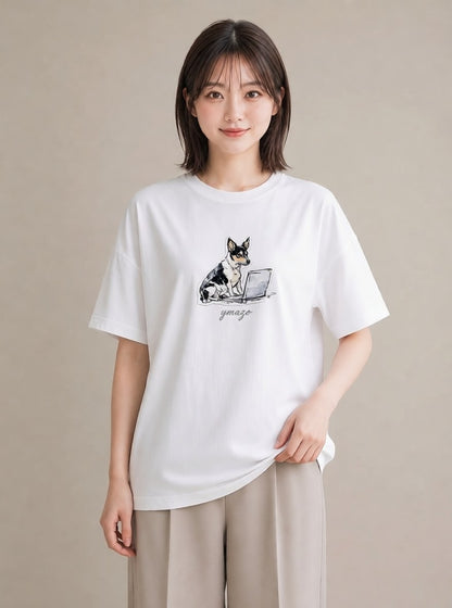 デザインTシャツ レディース 犬 いぬ イラスト シック 送別ギフト 通勤 白T YMAZO