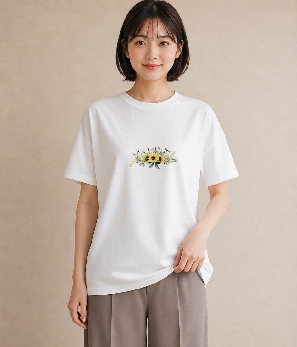 Tシャツ レディース ひまわり 向日葵 花 花柄 イラスト 可愛い 公園 ママ 白T YMAZO