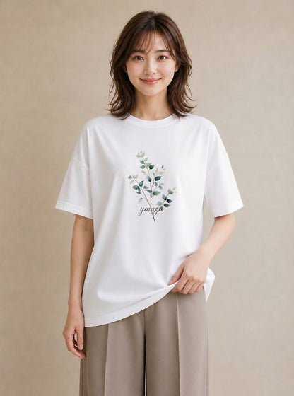半袖Tシャツ レディース 金木犀 花 花柄 イラスト ニュアンス お出かけ 普段着 白T