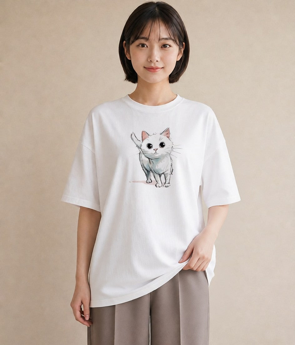 Tシャツ レディース 白猫 猫 ねこ イラスト ユニーク 姉妹 送別ギフト 白T YMAZO