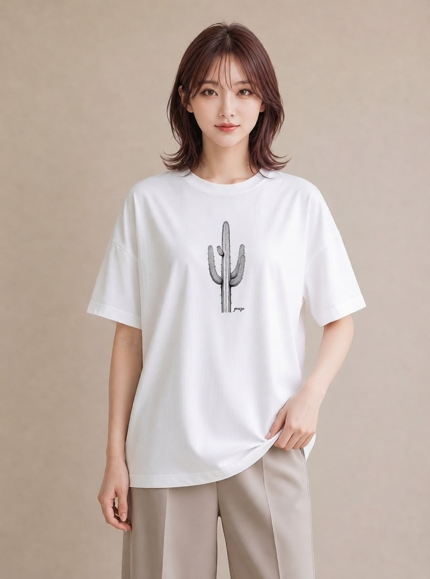 デザインTシャツ レディース サボテン 植物 ボタニカル イラスト こなれ感 旅行用 海 白T YMAZO