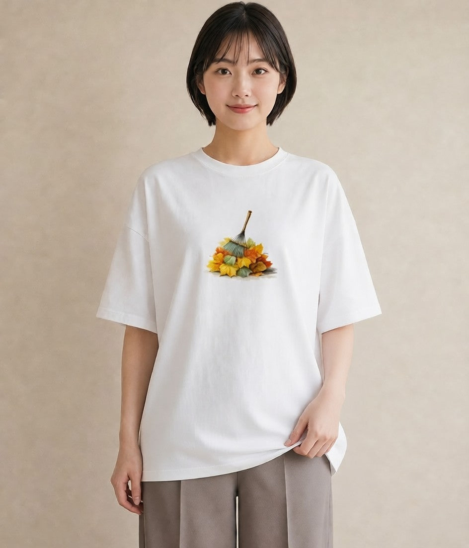 半袖Tシャツ レディース 落ち葉 植物 ボタニカル イラスト ラフ 綿100 デート 白T YMAZO