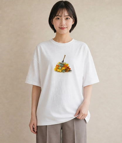 半袖Tシャツ レディース 落ち葉 植物 ボタニカル イラスト ラフ 綿100 デート 白T YMAZO