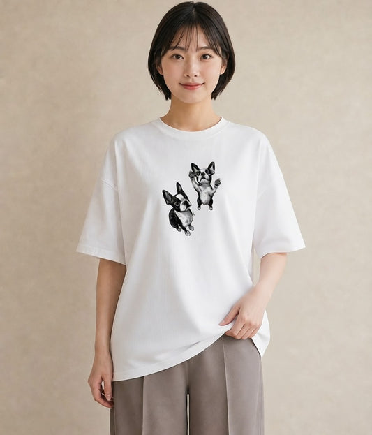 半袖Tシャツ レディース ボストンテリア 犬 いぬ イラスト ヴィンテージ風 秋コーデ おしゃれギフト 白T YMAZO