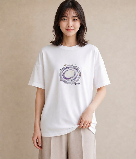 半袖Tシャツ レディース 満月 星空 宇宙 イラスト 手描き風 ペアコーデ 秋コーデ 白T YMAZO