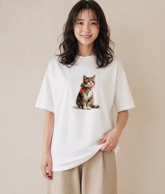 Tシャツ レディース スコティッシュフォールド 猫 ねこ イラスト ミニマル カフェ服 クリスマス 白T YMAZO