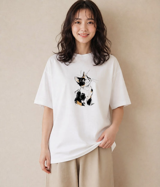 Tシャツ レディース ハチワレ 白黒猫 猫 ねこ イラスト モード ホワイトデー 春服 白T YMAZO