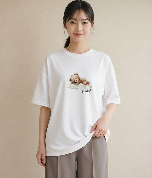 半袖Tシャツ レディース 雲 星空 宇宙 イラスト レトロ 誕生日プレゼント 綿100 白T YMAZO