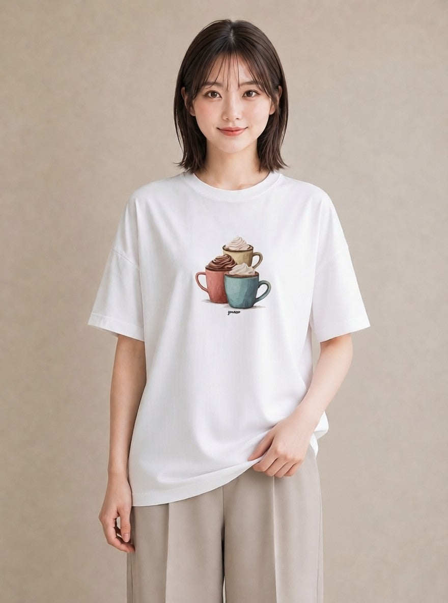 デザインTシャツ レディース ココア 食べ物 フード イラスト レトロ 誕生日プレゼント 綿100 白T YMAZO