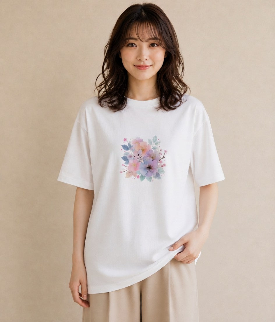 グラフィックTシャツ レディース 椿 花 花柄 イラスト ラフ 散歩 お出かけ 白T YMAZO