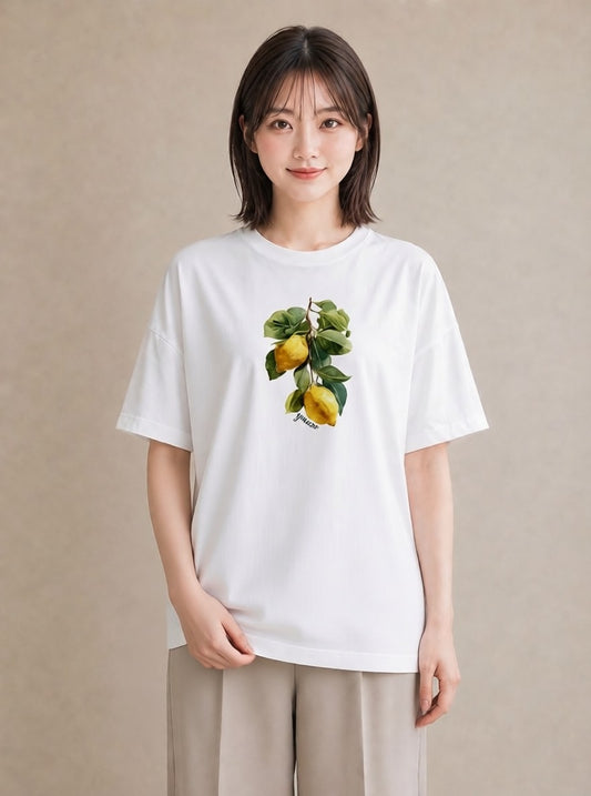 半袖Tシャツ レディース レモン 檸檬 食べ物 フード イラスト 普段使い 週末コーデ 敬老の日 白T YMAZO