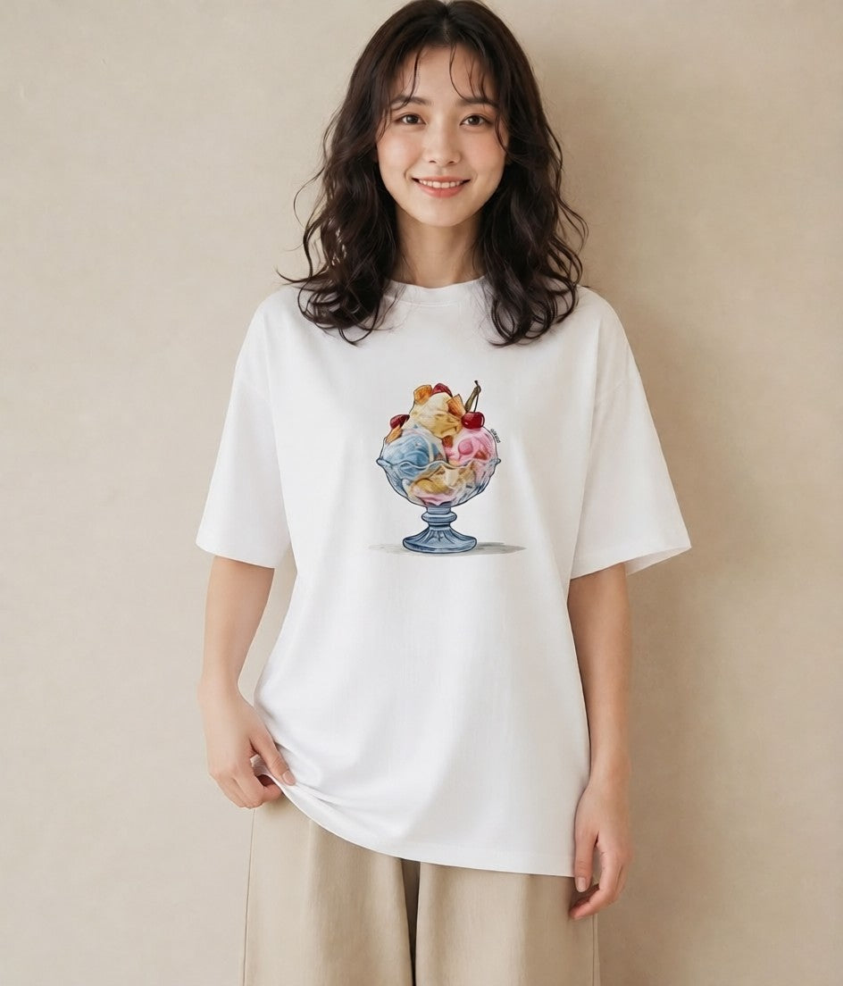 半袖Tシャツ レディース アイス 食べ物 フード イラスト 上品 カフェ巡り 女子会 白T YMAZO