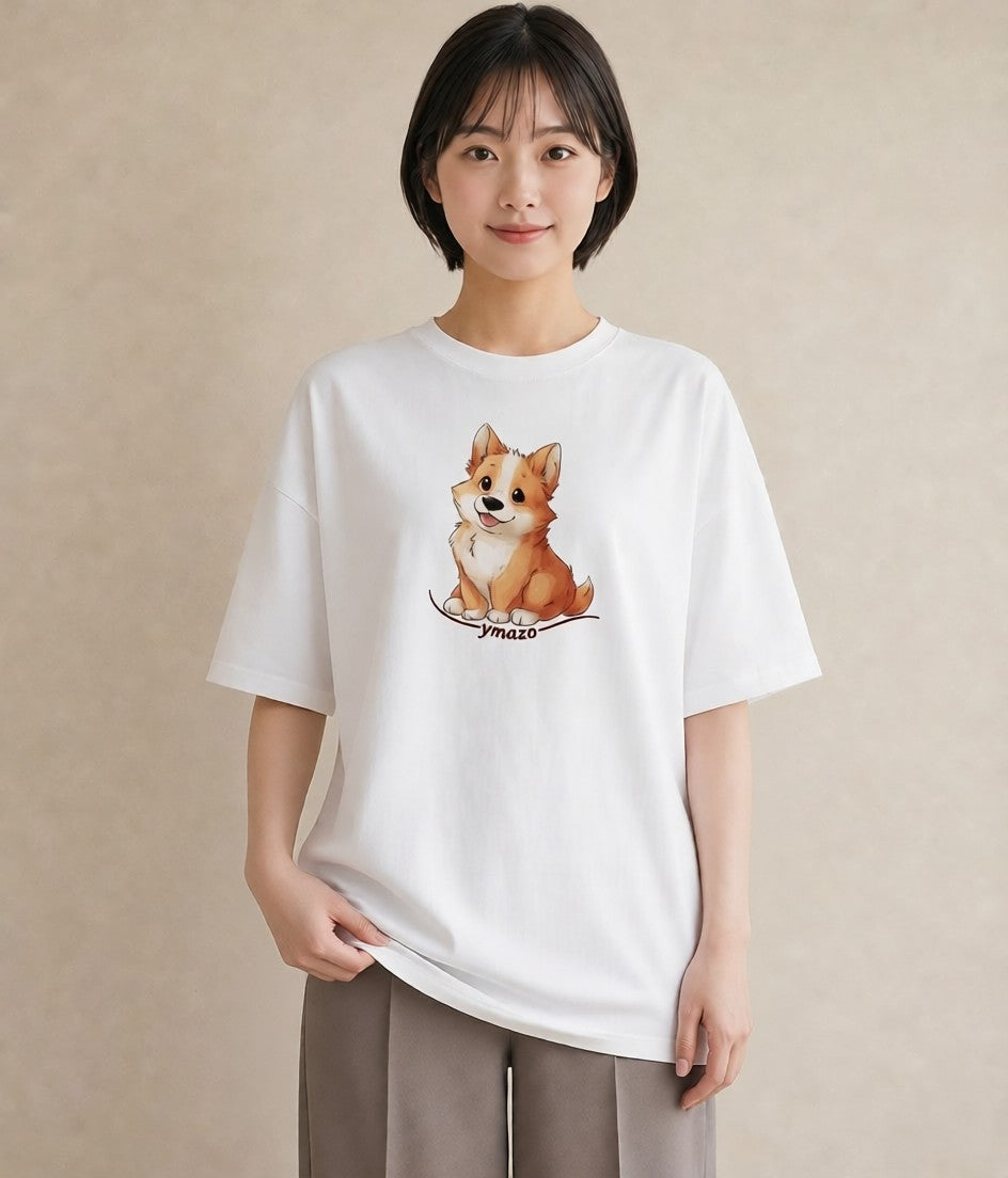 グラフィックTシャツ レディース ウェルシュコーギー コーギー 犬 いぬ イラスト 線画 自分用 ルームウェア 白T YMAZO