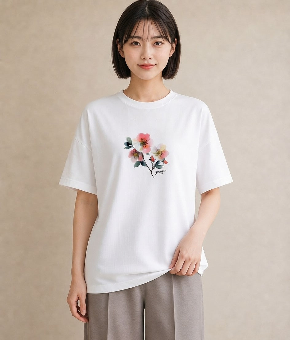 デザインTシャツ レディース 椿 花 花柄 イラスト モード 敬老の日 ホワイトデー 白T YMAZO