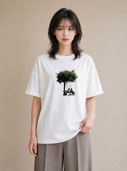 プリントTシャツ レディース 雨上がりのベンチ ベンチ ナチュラル アンティーク イラスト 水彩風 親子 20代 白T YMAZO