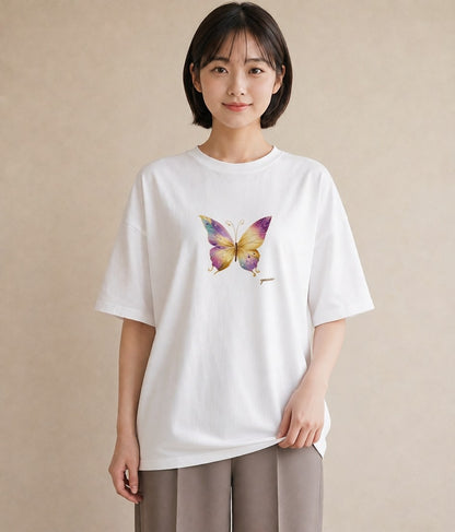 プリントTシャツ レディース ちょうちょ 蝶 バタフライ 昆虫 虫 イラスト きれいめ ホワイトデー 春服 白T YMAZO