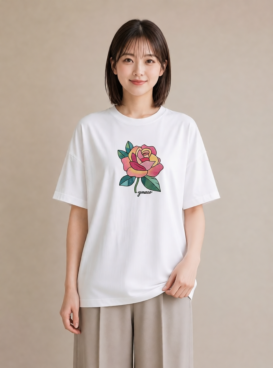 Tシャツ レディース バラ 薔薇 ローズ 花 花柄 イラスト ヴィンテージ風 レイヤード 友達ギフト 白T YMAZO
