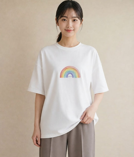 プリントTシャツ レディース 虹 星空 宇宙 イラスト シック カジュアルコーデ 買い物 白T YMAZO