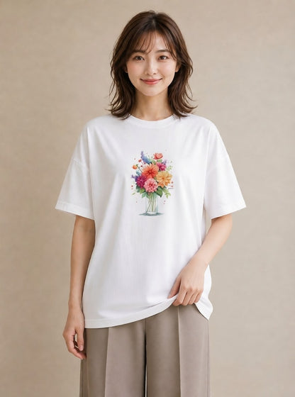 Tシャツ レディース ポスト 野の花 レトロ ナチュラル アンティーク イラスト 淡色 カフェ服 クリスマス 白T YMAZO
